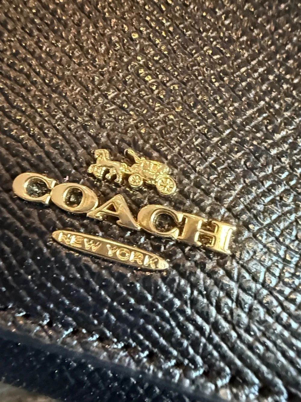 Coach Black Leather Textured Zip Wallet with Gold Logo Accent